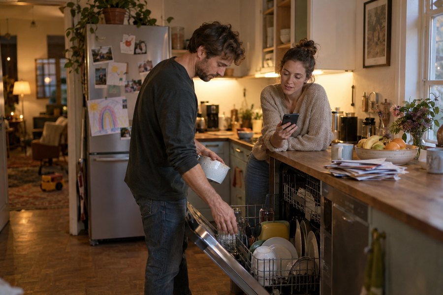 A couple in their kitchen checking a shared chore app on a phone