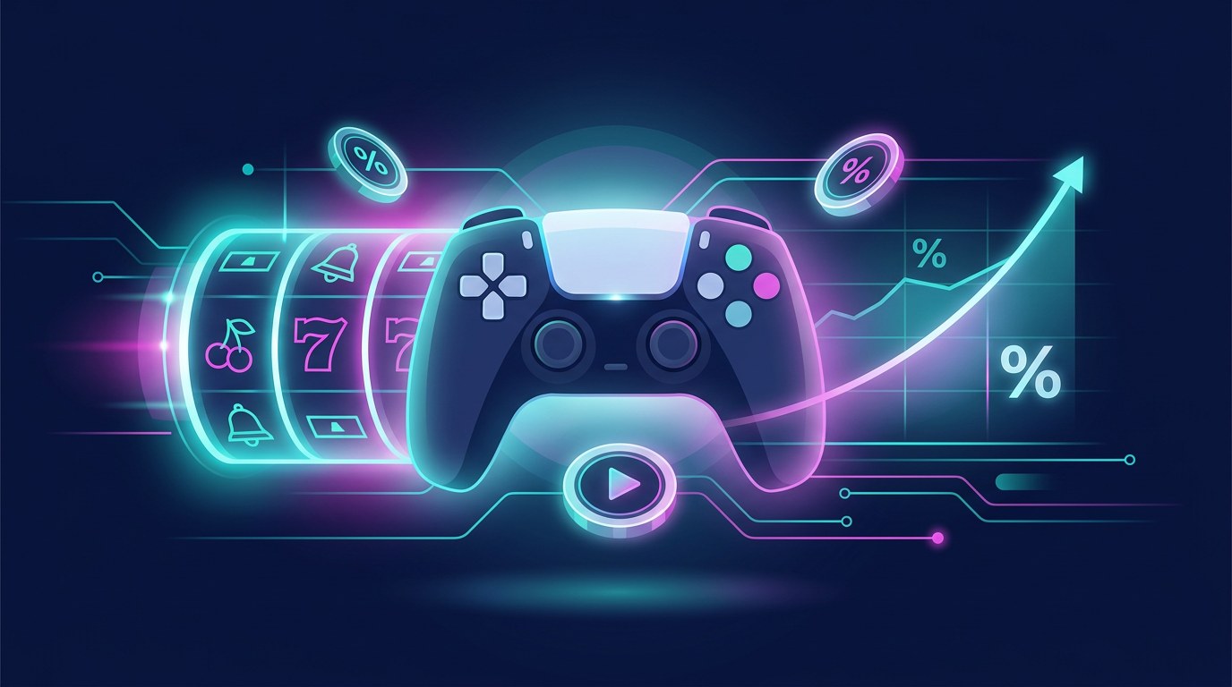 A game controller blending into a slot reel and a rising crash-game curve